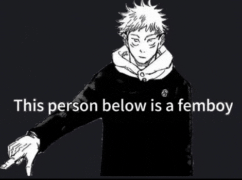 a black and white drawing of a person with the words " this person below is a femboy " on the bottom