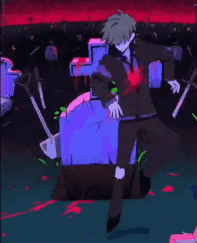 a man in a suit is standing in front of a cemetery holding a sword .