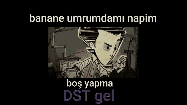 a cartoon of a man with a knife in his mouth and the words " banane umrumdami napim bos yapma dst gel "