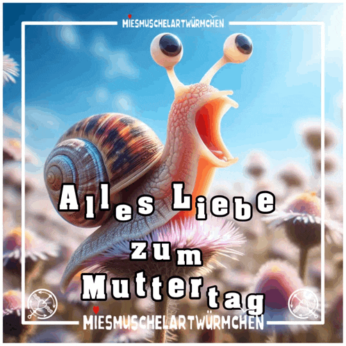 a picture of a snail with its mouth open and the words alles liebe zum muttertag on it