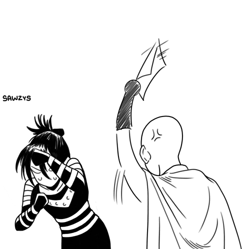 a black and white drawing of a man and a woman with sawzys written on the bottom right