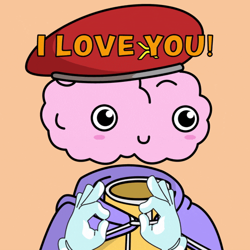 a cartoon of a brain wearing a hat that says i love you
