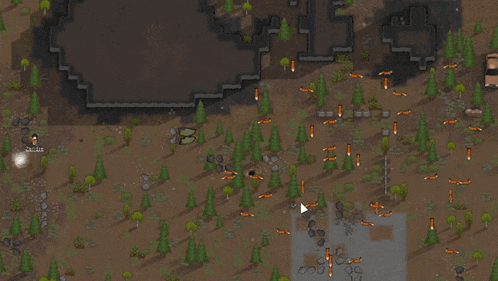 a screenshot of a video game shows a few trees and a few foxes