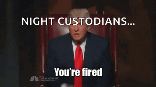 a man in a suit and tie is sitting in a chair and says night custodians you 're fired