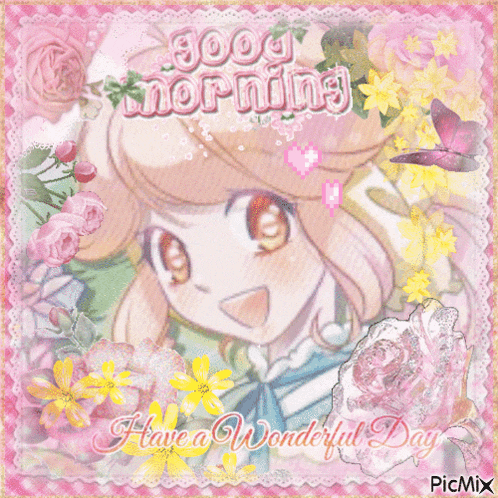 a picture of a girl with flowers and butterflies and the words good morning have a wonderful day