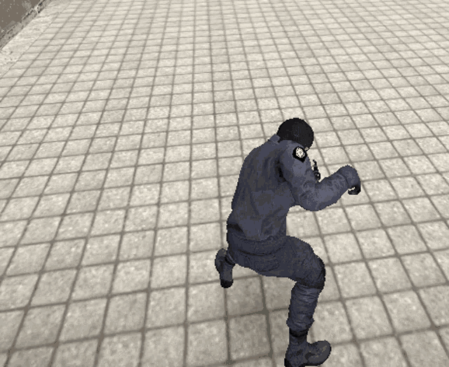 a man in a blue uniform is running on a tiled floor in a video game