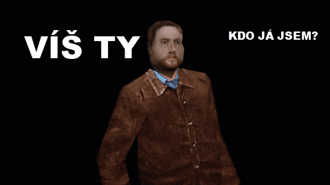 a man in a brown jacket is standing in front of a black background with the words kdo ja jsem