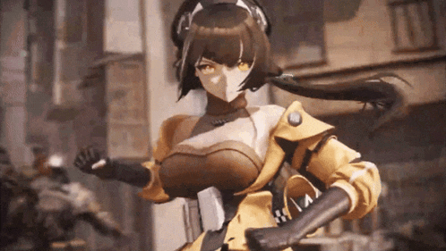 a female anime character is standing in front of a building .