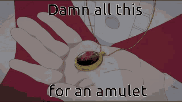 a person holding a yellow pendant with the words damn all this for an amulet below it