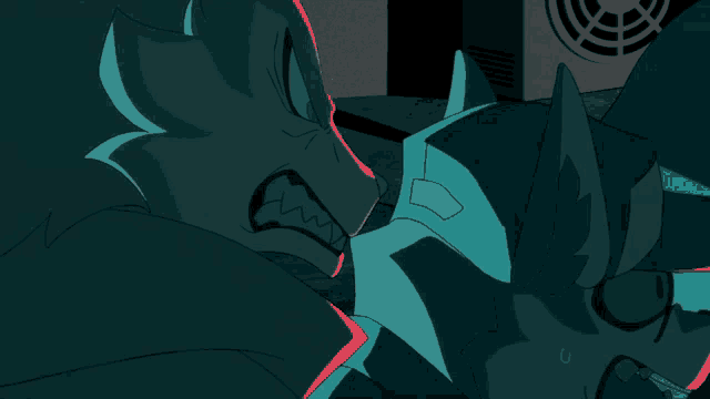 a cartoon drawing of a cat with its mouth open and a fan behind it