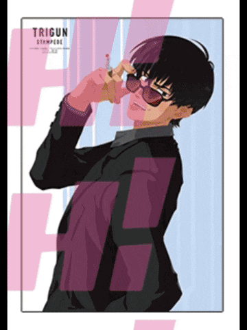 a picture of a man wearing sunglasses and a suit with trigun stampede written on the bottom