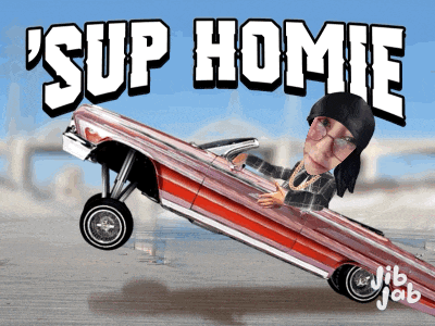 a cartoon of a man driving a lowrider with the words ' sup homie ' on the top