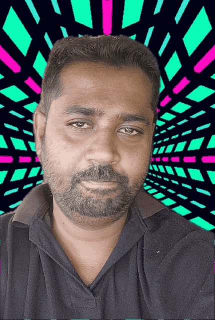 a man with a beard looks at the camera with a colorful background in the background