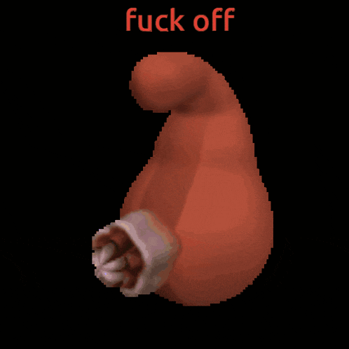 a cartoon character says fuck off in red