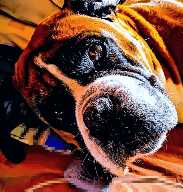 a close up of a dog 's face with a blurred background