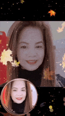 a woman is smiling in front of a mirror with leaves flying around her