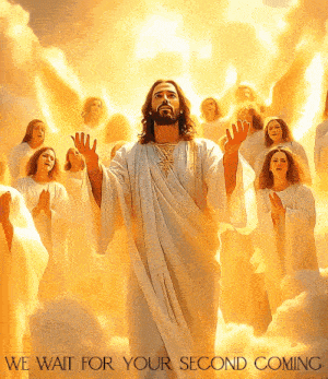 a painting of jesus surrounded by angels with the words we wait for your second coming