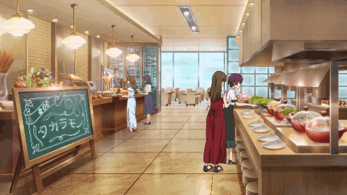 a buffet area with a sign that says ' a ' on it
