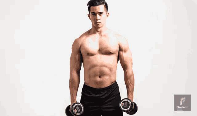 a shirtless man is holding a pair of dumbbells in front of a white background with the letter t on it