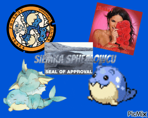 a blue background with a picture of a seal and a picture of a woman