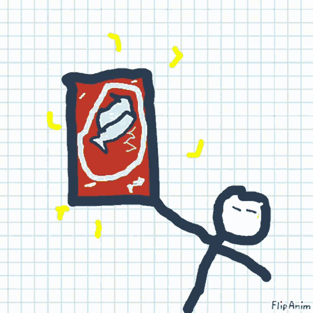 a drawing of a stick figure holding a red card with a fish in the middle