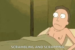 a shirtless cartoon character is laying in a bed with the words `` scrambling and scrapping '' written on the bottom .
