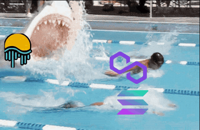 a shark is attacking a man in a swimming pool with a purple s on the bottom