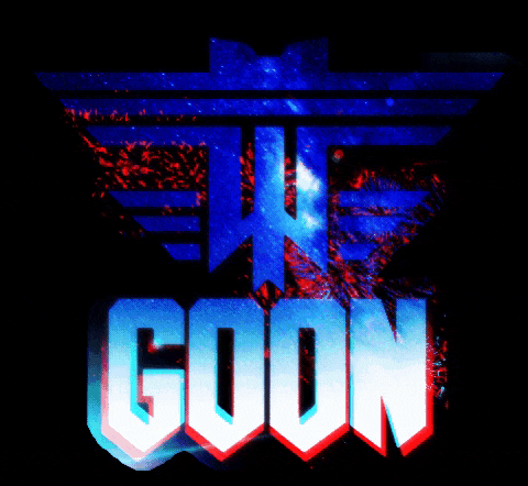 a blue and white logo that says goon on a black background