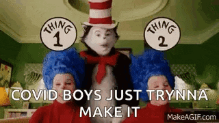 cat in the hat is standing next to two children dressed in blue wigs .