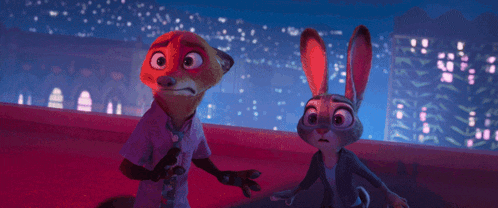 a fox and a rabbit are standing next to each other in front of a city skyline
