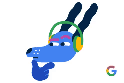 an illustration of a dog wearing headphones with a google logo in the background
