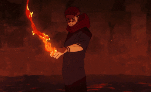 a man with red hair is surrounded by red fire