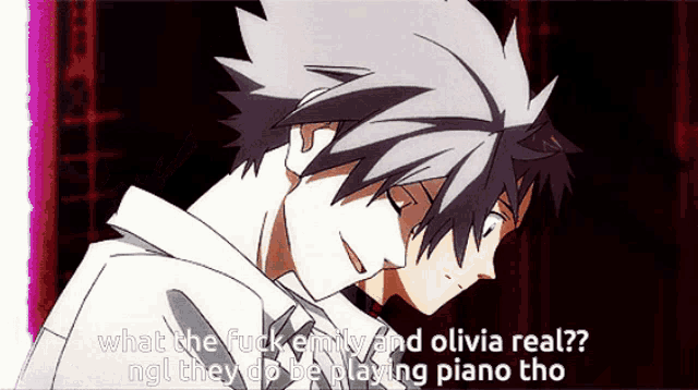 a couple of anime characters with the words " what the fuck emily and olivia real "