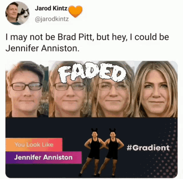 a tweet from jarod kintz shows a picture of jennifer aniston