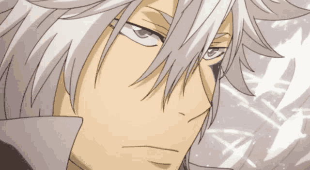 a close up of a anime character with white hair and purple eyes