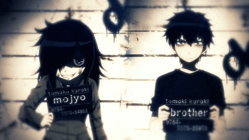 a boy and a girl are standing next to each other and their mug shots say tomoko kuroki mojo and tomoko kuroki brother