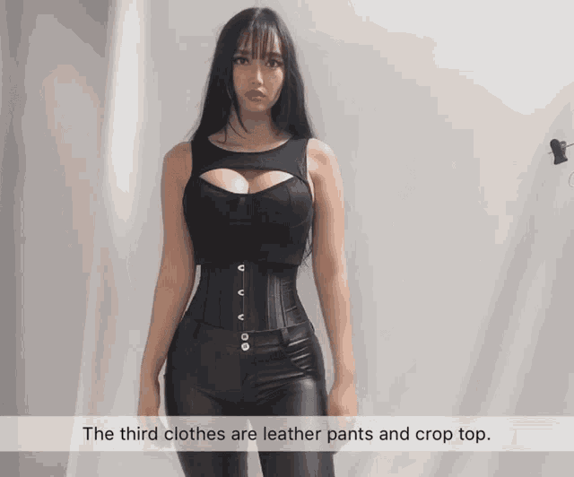 a woman is wearing leather pants and crop tops