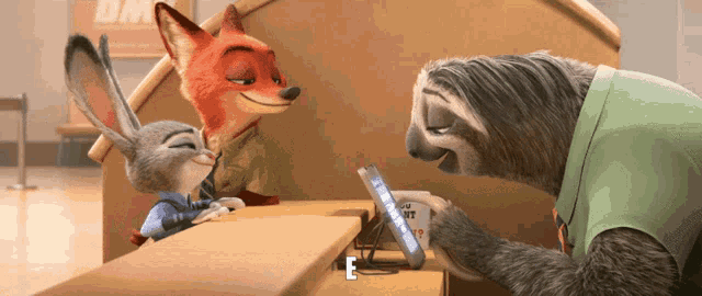 a fox rabbit and a sloth are looking at a cell phone