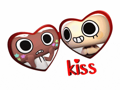 two cartoon characters in heart shaped frames with the word kiss underneath them