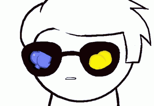 a black and white drawing of a person wearing sunglasses with a blue eye and a yellow eye