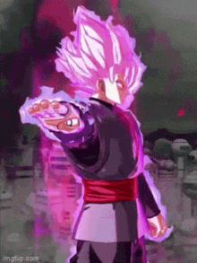 a cartoon character with pink hair and a red belt is standing in a dark room .