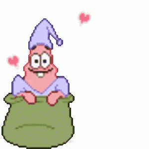 patrick star is wearing a purple hat and sitting in a green bag .