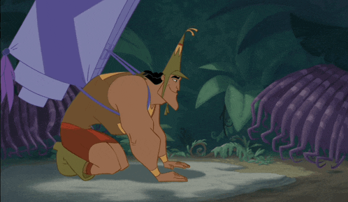 a cartoon drawing of a man kneeling down with a purple object behind him