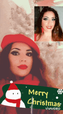 a woman wearing a red hat and scarf is next to a sign that says " merry christmas "