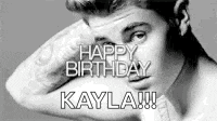 a black and white photo of a man 's face with the words `` happy birthday kayla '' written above it .
