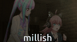 two anime girls are standing next to each other and the word millish is visible