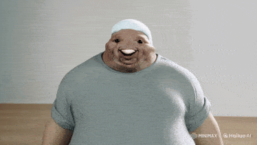 a cartoon of a man with a gray shirt and a white hat says hailuo ai at the bottom