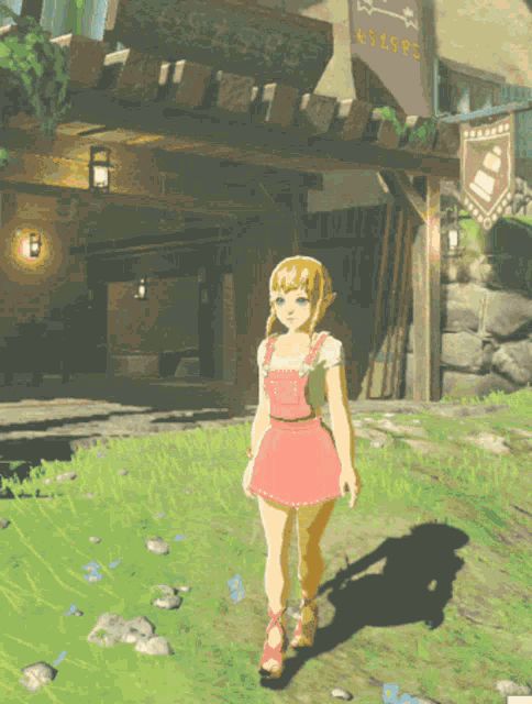 a girl in pink overalls stands in front of a building with a sign that says ' a ' on it