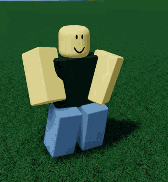 a roblox character is standing in the grass with his arms outstretched and a smile on his face