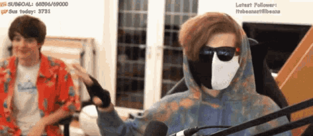 a person wearing a mask and sunglasses is sitting in front of a microphone .
